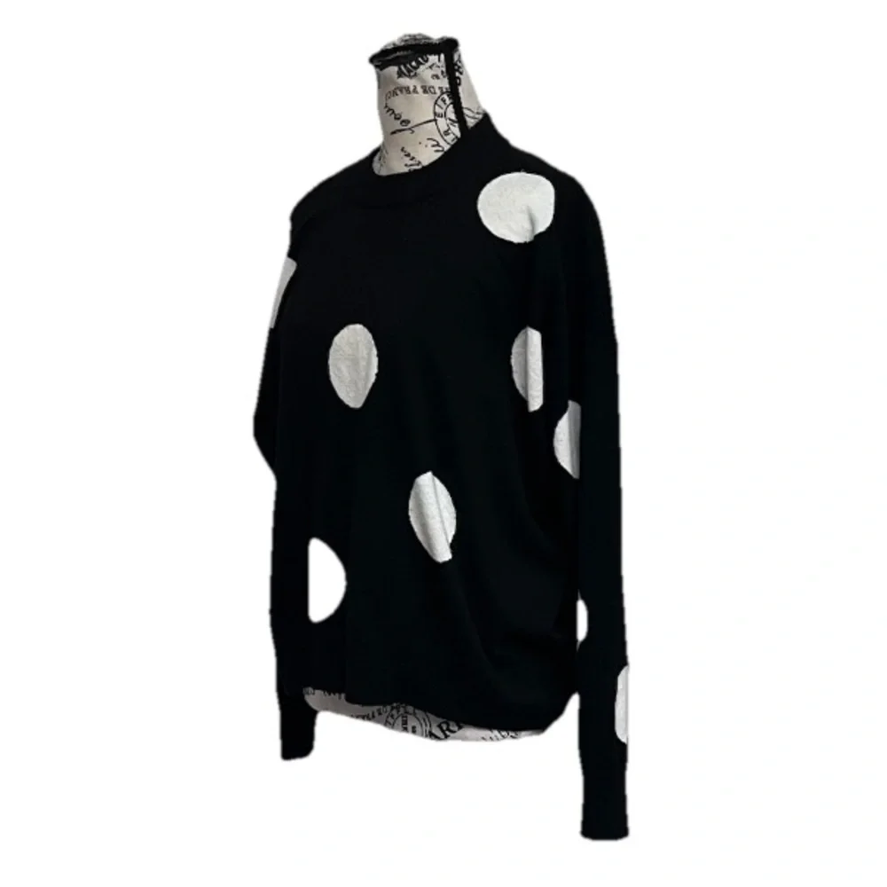 T Tahari Black Polka Dot Sweater Size L White Dot Knit Chic Parisian Minimalist